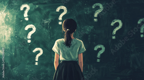 Thinking woman in front of blackboard with questio. Thinking woman in front of green blackboard with question marks. The image could symbolize many things like: confusion, problems, hard choice, uncer photo