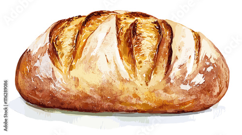 Watercolor style rustic artisan loaf of sourdough bread brown bakery crust. French loaves isolated on white background. Watercolor painting tasty