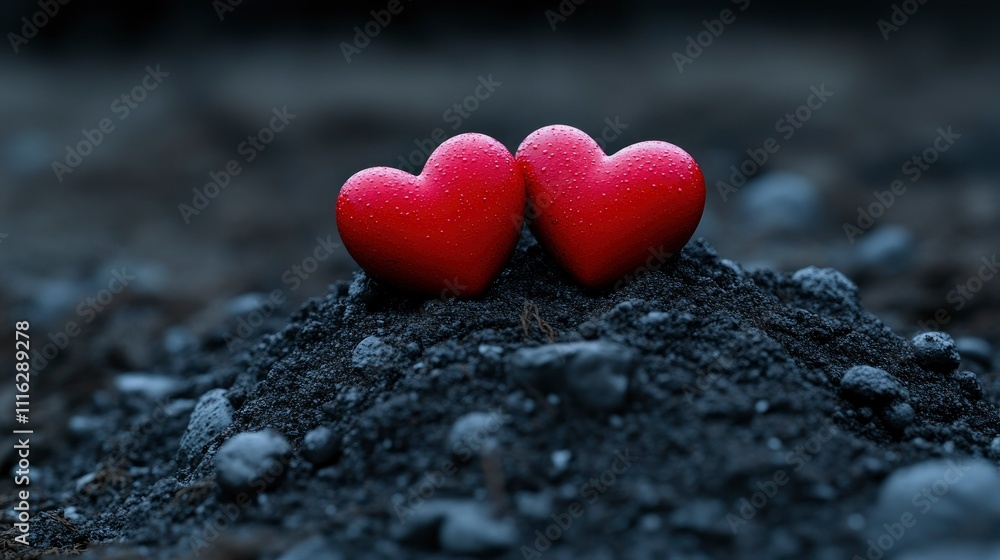 Two Red Hearts on Dark Soil - Symbol of Love and Resilience Two Red Hearts on Dark Soil - Symbol of Love and Resilience