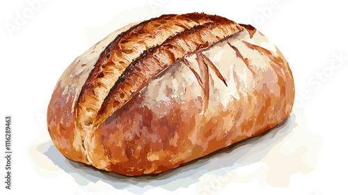 Watercolor style rustic artisan loaf of sourdough bread brown bakery crust. French loaves isolated on white background. Watercolor painting tasty