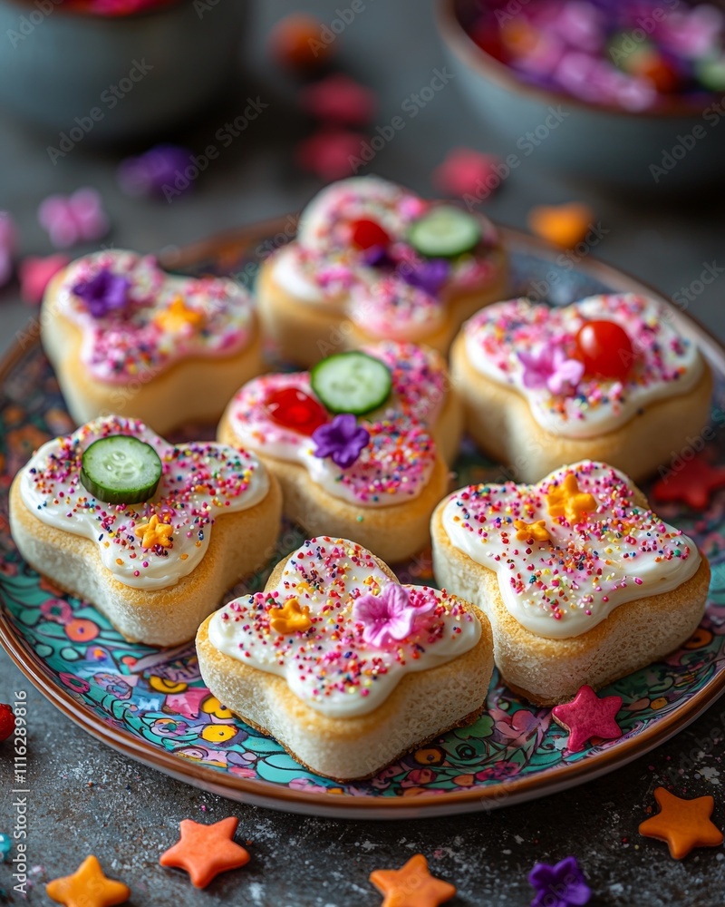 Delightful star and heart shaped bagels are artfully spread creamy cheese and topped vibrant ingredients like cucumbers and cherry tomatoes. Delightful star and heart shaped bagels are artfully spread creamy cheese and topped vibrant ingredients like cucumbers and cherry tomatoes.