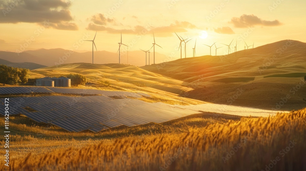 Fototapeta premium Scenic landscape with wind turbines and solar panels