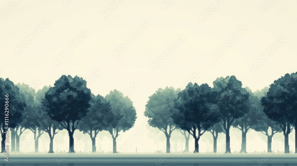 A minimalist pixel art representation of a quiet forest with blocky tree silhouettes against a pale sky A minimalist pixel art representation of a quiet forest with blocky tree silhouettes against a pale sky
