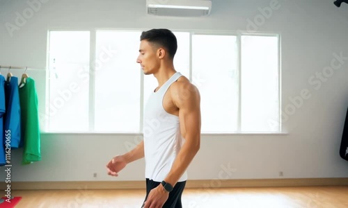 A male model wearing blank athletic wear, such as a plain tank top and shorts, in a fitness studio or outdoor track setting. The model engages in dynamic poses, like stretching or jogging, while ensur photo