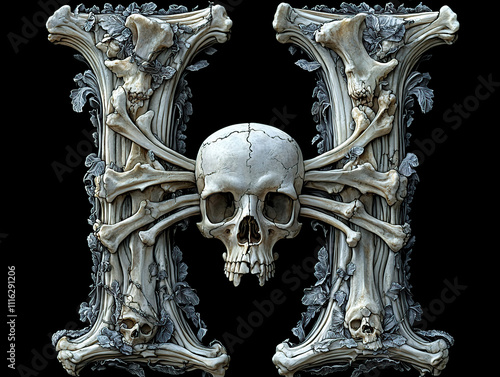 alphabet, bones, letters, skeleton, spooky, eerie, creepy, horror, gothic, macabre, anatomy, skull, spine, ribcage, femur, tibia, fibula, humerus, ulna, radius, clavicle, scapula, pelvis, vertebrae, m