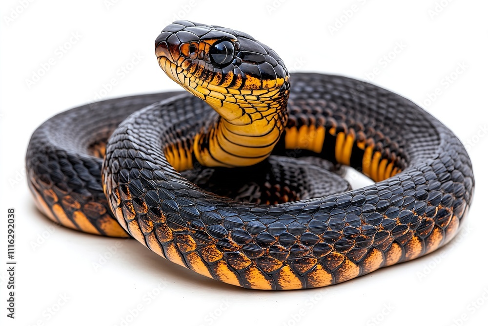 Fototapeta premium High-quality, isolated image of a majestic cobra snake in a defensive position on a white backdrop. Generative Ai
