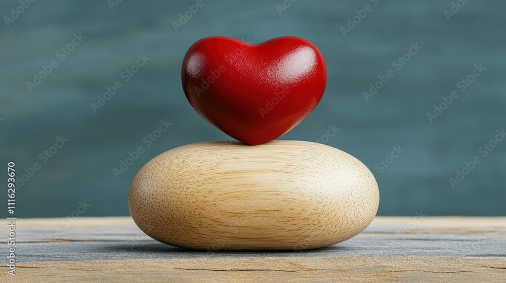 Obraz premium Red Heart on Wooden Pebble - Symbol of Love, Care, and Balance