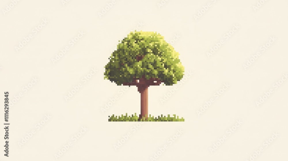 Obraz premium A minimalist pixel art tree, with blocky pixel leaves and a slender trunk, set against a neutral background