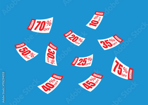 Flying red voucher with blue background, vouchers, exchange. Discount, profitable purchases, Offers, Special premium price offers sale coupon, Red vouchers. Voucher set design.