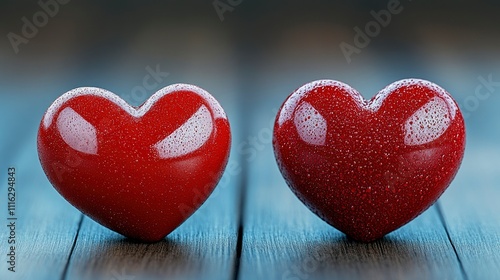 Two Red Hearts with Water Droplets on Rustic Wooden Background