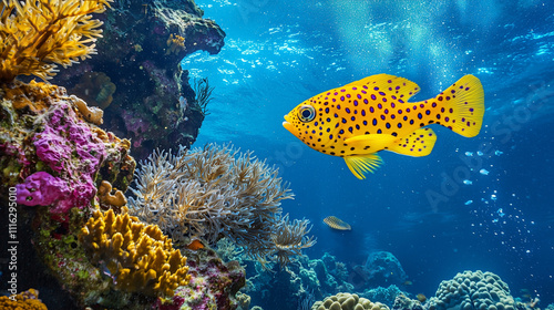 Yellow boxfish juvenile (ostracion cubicus) swimming near coral in Lembeh Strait, North Sulawesi, Indonesia  photo