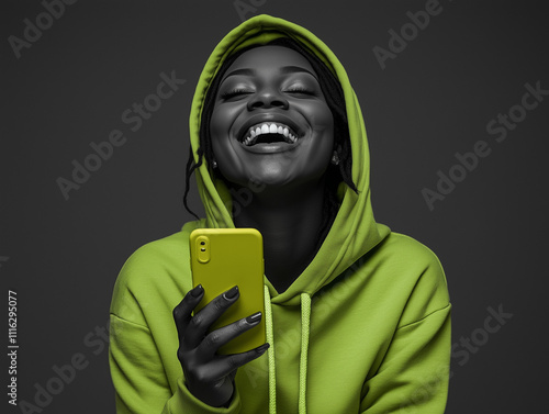 smiling black woman with a bright green sweatshirt.Generative AI photo