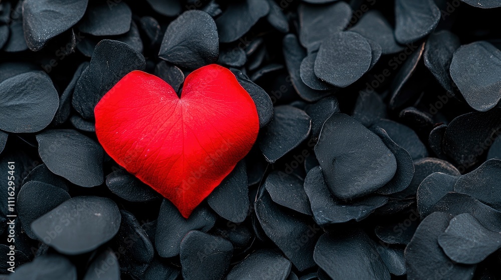 Obraz premium Single Red Heart-Shaped Leaf Among Dark Grey Petals