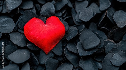 Single Red Heart-Shaped Leaf Among Dark Grey Petals photo