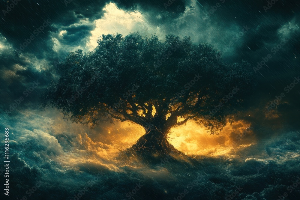 Naklejka premium A large, ancient tree with thick branches stands in a field of clouds, illuminated by a golden light from the heavens.