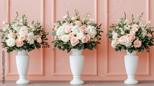 Elegant floral arrangements in white vases, featuring pink and white roses against a soft pink backdrop.