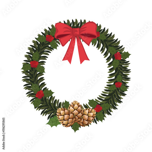 A festive Christmas wreath made of green fir branches, holly leaves, and red berries, adorned with a red ribbon bow at the top and golden pinecones at the bottom