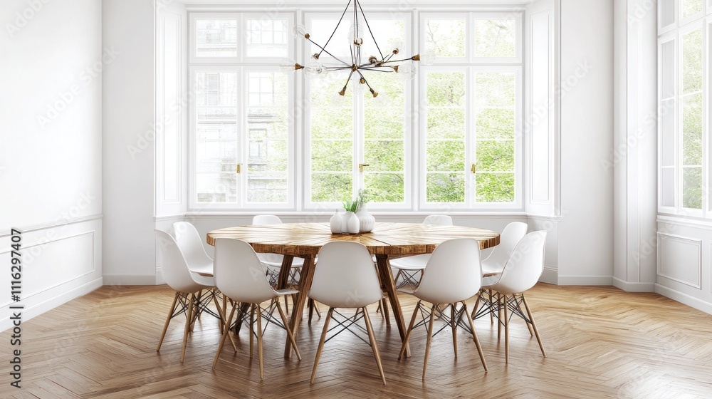 Fototapeta premium Modern Dining Room With Wooden Table And White Chairs