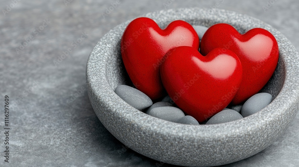 Fototapeta premium Three Red Hearts in a Stone Bowl - Symbol of Love and Romance