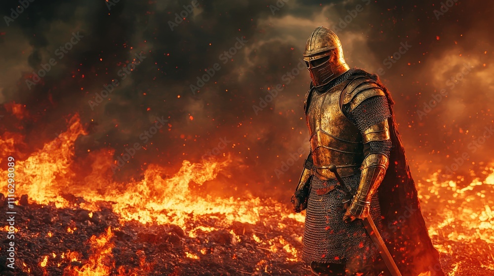 An ancient warrior in golden armor standing in a fiery battlefield, cinematic composition An ancient warrior in golden armor standing in a fiery battlefield, cinematic composition