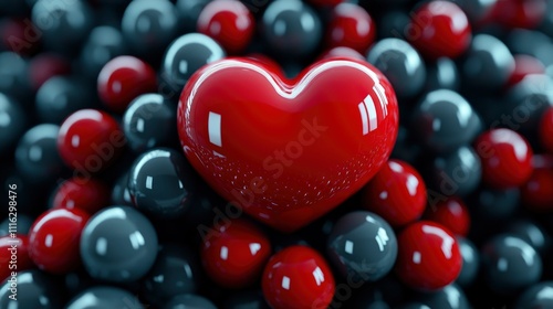 Red Heart Amidst Grey and Red Spheres Love and Contrast Abstract