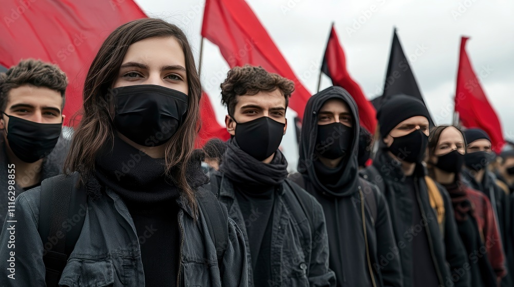 Fototapeta premium Anonymous Young Activists in Black Clothing and Face Masks at a Political Protest with Red and