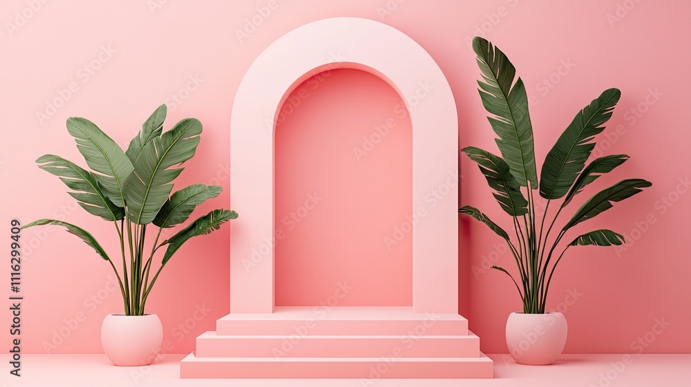 A modern, pink-themed interior featuring an archway and lush green plants, creating a vibrant and stylish aesthetic. A modern, pink-themed interior featuring an archway and lush green plants, creating a vibrant and stylish aesthetic.