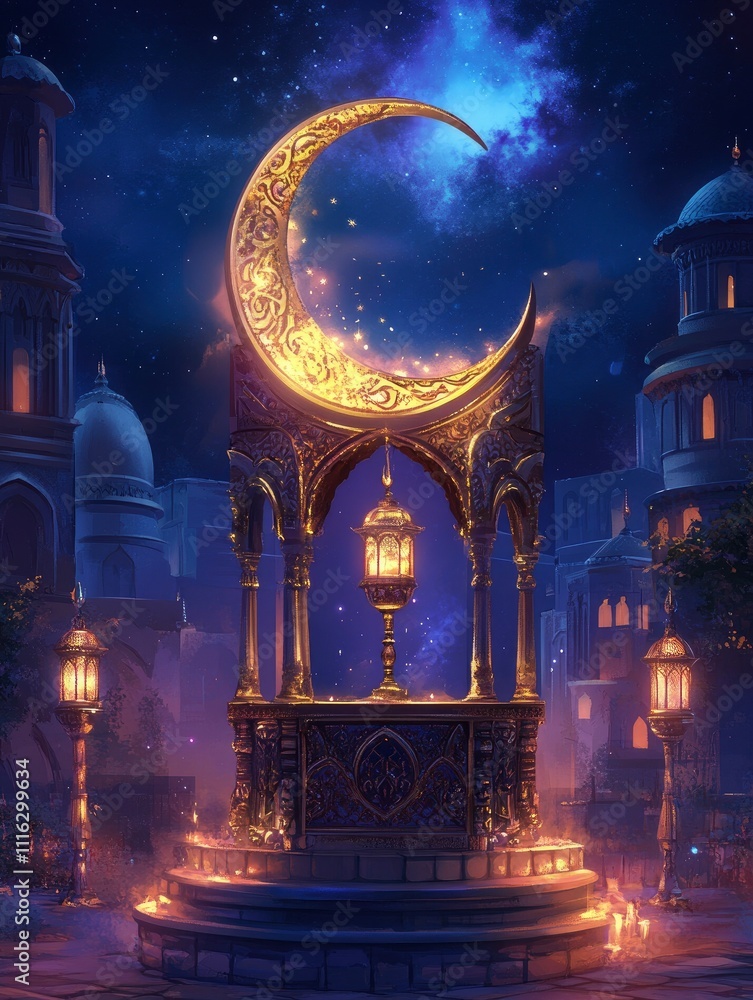 Obraz premium Ramadan Kareem podium. Glowing lantern on the background of the old city and mosque. Islamic traditional frame. Luxurious golden moon with islamic ornament. Eid Mubarak. Vector illustration 