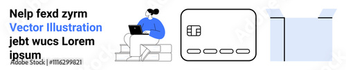 Individual sitting on steps working on laptop, credit card icon, and open package. Ideal for e-commerce, online payments, remote work, digital transactions, logistics, technology productivity