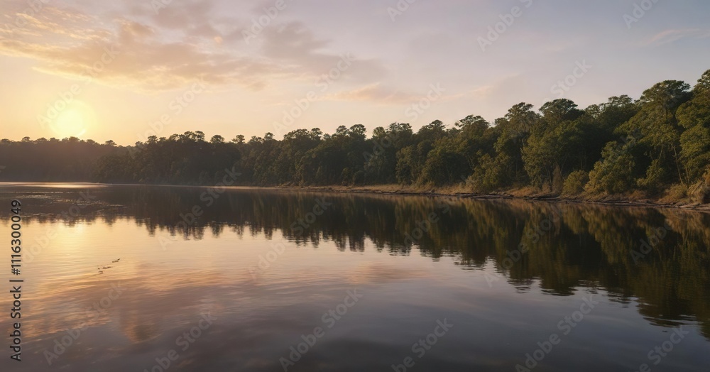 Obraz premium Golden light of sunrise illuminating the Apalachicola River, peaceful landscape, natural wonder, illuminate