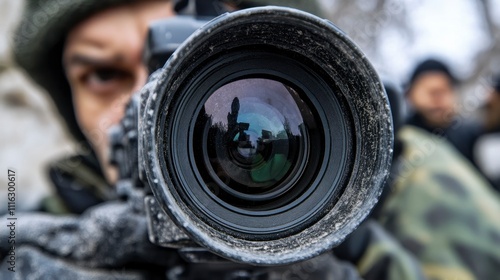 Close-up of a weathered camera lens with a photojournalist in the background photo