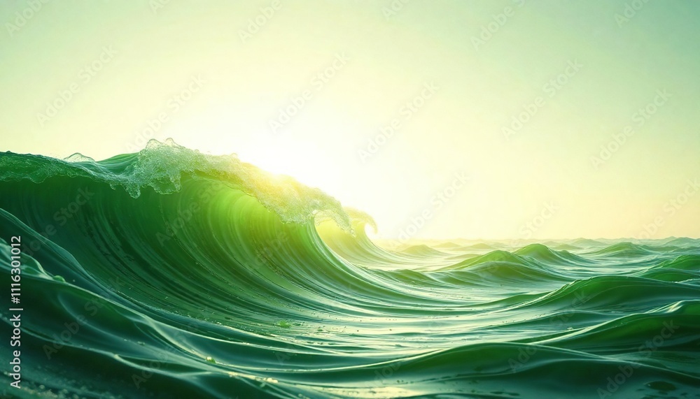 Obraz premium Thick green silk waves merging with the horizon, thick silky green waves, flowing fabric, calming ambiance
