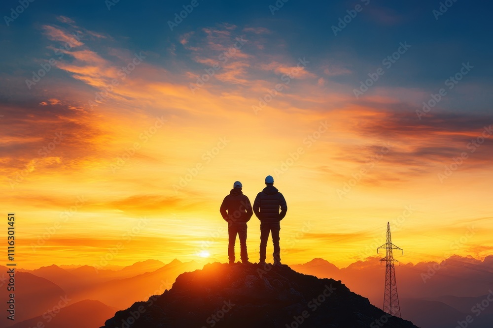 Fototapeta premium Workers Overlooking Industrial Landscape at Sunset