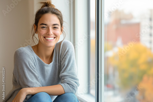 Smiling woman in a cozy sweater sits by a bright window, exuding warmth and happiness in an autumnal setting Free Download Smiling woman in a cozy sweater sits by a bright window, exuding warmth and happiness in an autumnal setting - GFXLoad