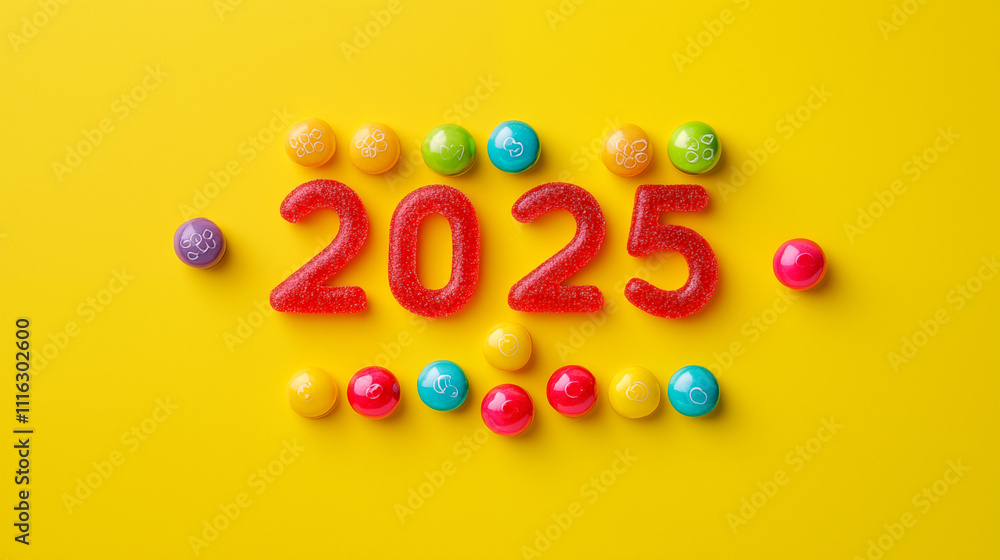 Obraz premium Colorful candy new years banner. 2025 banner. New years celebration card.