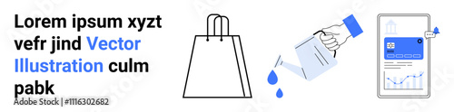 Shopping bag, watering can with water drops, and mobile app interface. Ideal for e-commerce, sustainability, retail, shopping, online services environmental care digital marketing. Landing page