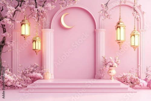 slamic decoration background with lantern and crescent moon luxury style, ramadan kareem, mawlid, iftar, isra miraj, eid al fitr adha, muharram, copy space text area, 3D illustration.  photo