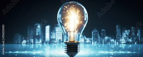 Light bulb illuminating ideas in a cityscape at night with sparkling effects