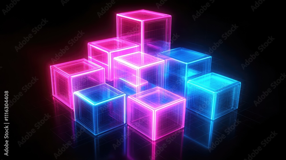 A neon-lit pixel abstract design with glowing blocks in neon pink and cyan, creating a futuristic vibe against a black backdrop A neon-lit pixel abstract design with glowing blocks in neon pink and cyan, creating a futuristic vibe against a black backdrop
