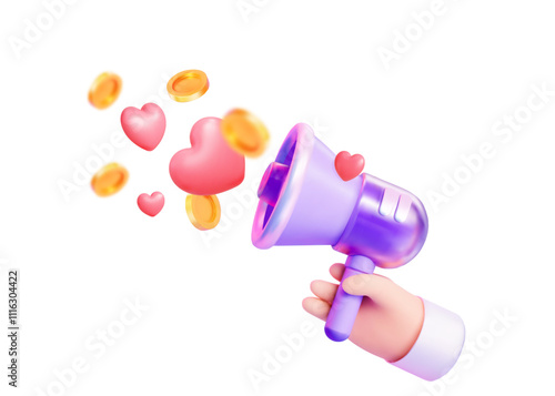 3d megaphone with hearts and coins flying out, symbolizing love and wealth