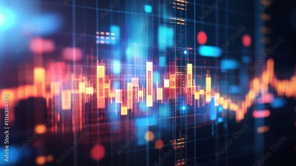 Abstract digital financial data visualization, showing stock market trends with glowing colorful bars and lines on a grid screen. Abstract digital financial data visualization, showing stock market trends with glowing colorful bars and lines on a grid screen.