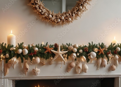 Seashell and starfish Christmas garland draped over a mantel, holiday season, christmas garland photo