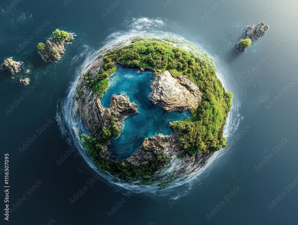 Fototapeta premium Tiny Planet Earth Aerial View of Lush Island Ocean