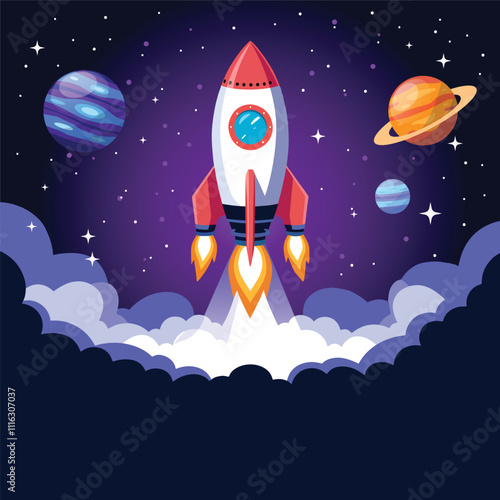 Space rocket launch and galaxy vector with smoke and clouds design template