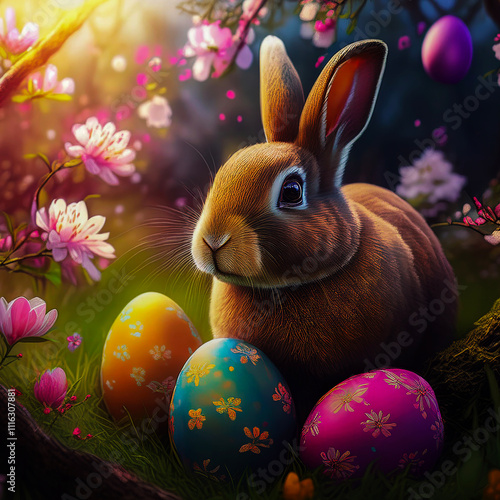 Brown Bunny with Easter Eggs