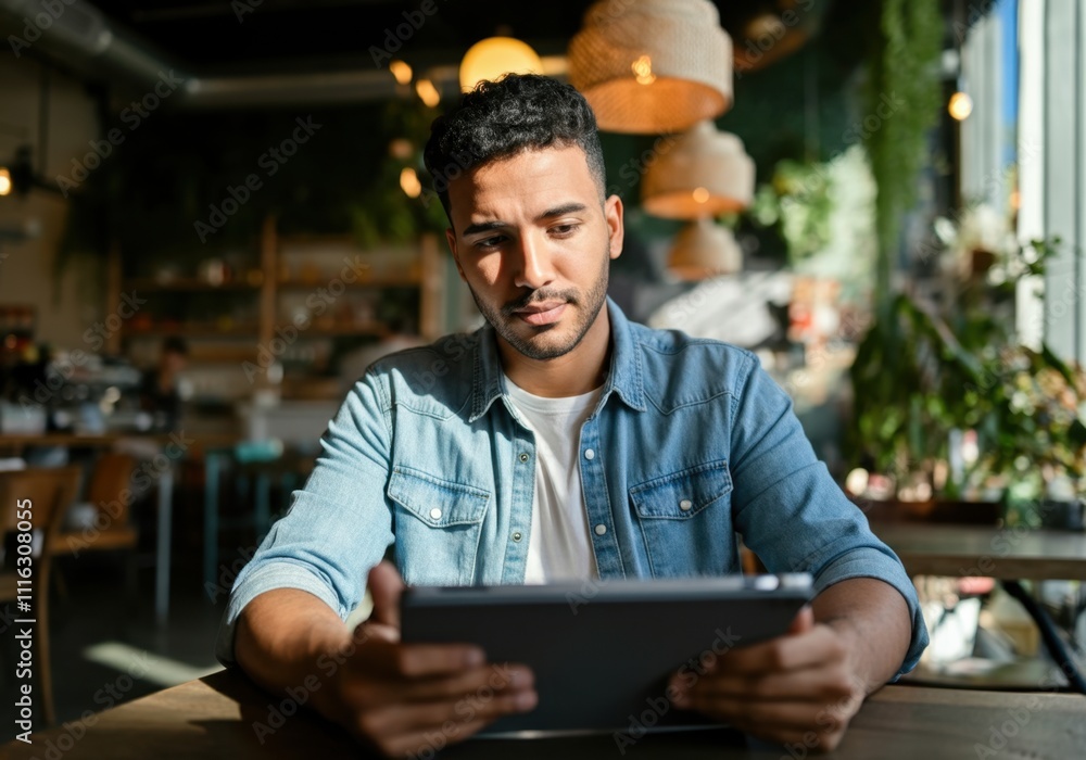 Obraz premium Young freelancer using digital tablet in a trendy cafe, working remotely and enjoying the ambiance