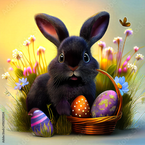 Black Bunny with Easter Eggs