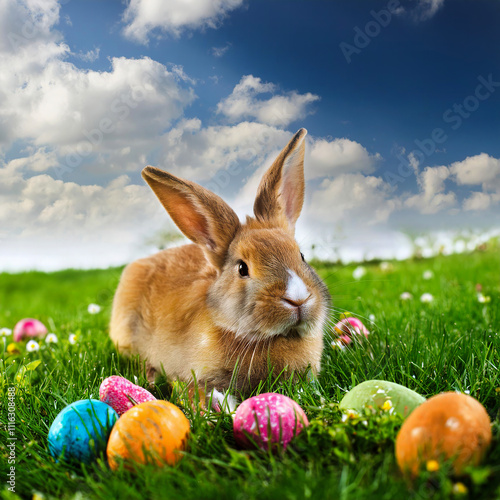 Brown easter bunny with easter eggs photo