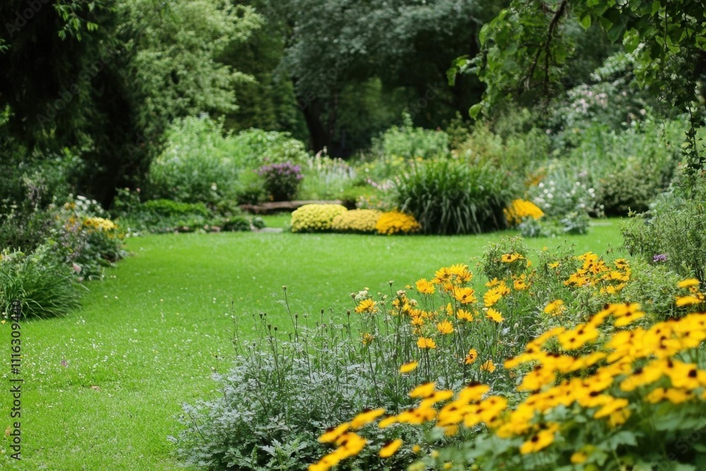 Obraz premium A vibrant garden filled with colorful flowers and lush greenery.