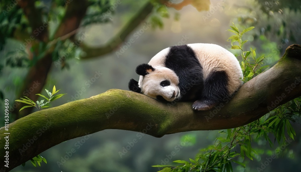 Obraz premium A giant panda peacefully sleeping on a tree branch in a lush green forest setting